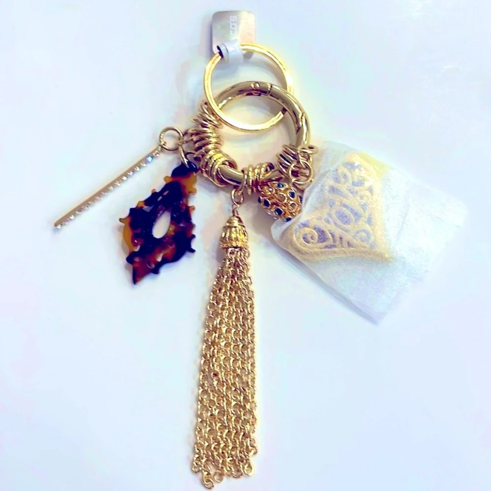 Chico’s Kate Large Enamel Heart Keychain with Charms Love Tassel Bling Gold Red